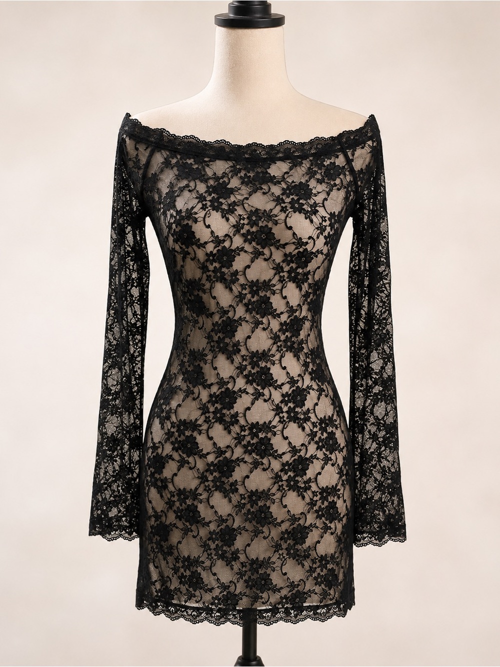 NWT Lascana Black Sheer Floral Lace Off Shoulder Negligee Dress Size 6